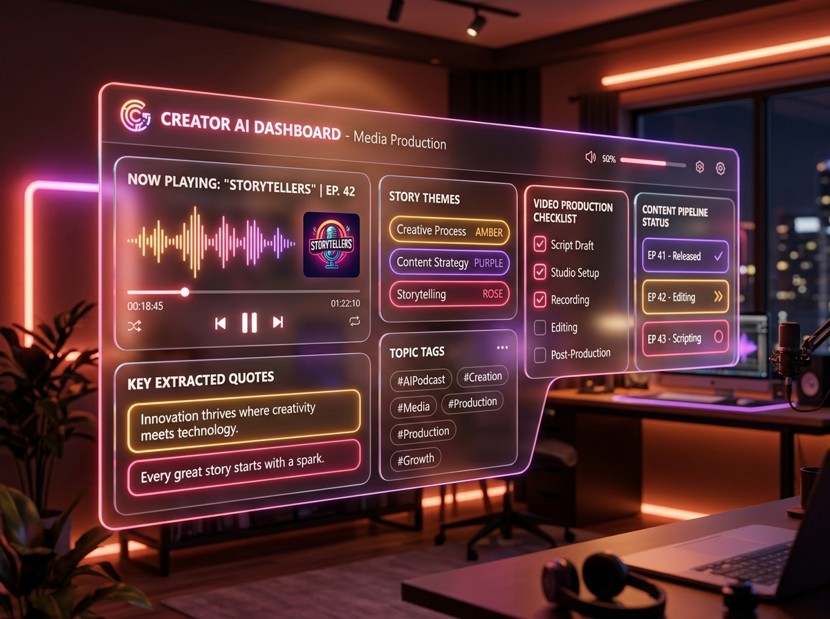 Creator studio AI dashboard with podcast waveform, quotes, story themes, and content pipeline