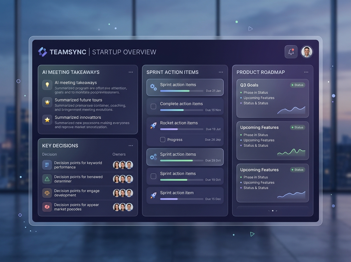 Startup meeting takeaways, sprint action items, and roadmap interface