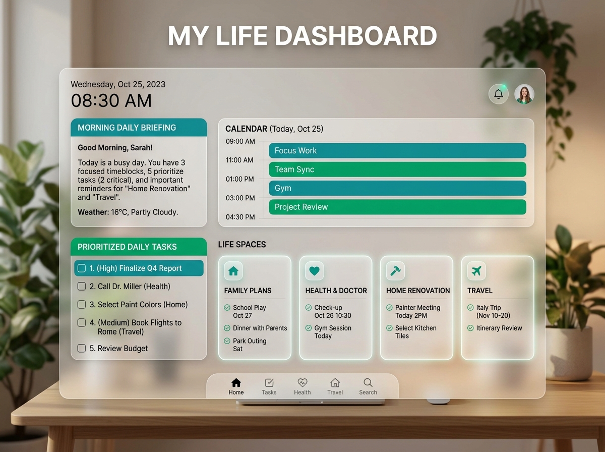 Personal life admin dashboard with daily briefing, calendar blocks, and life spaces