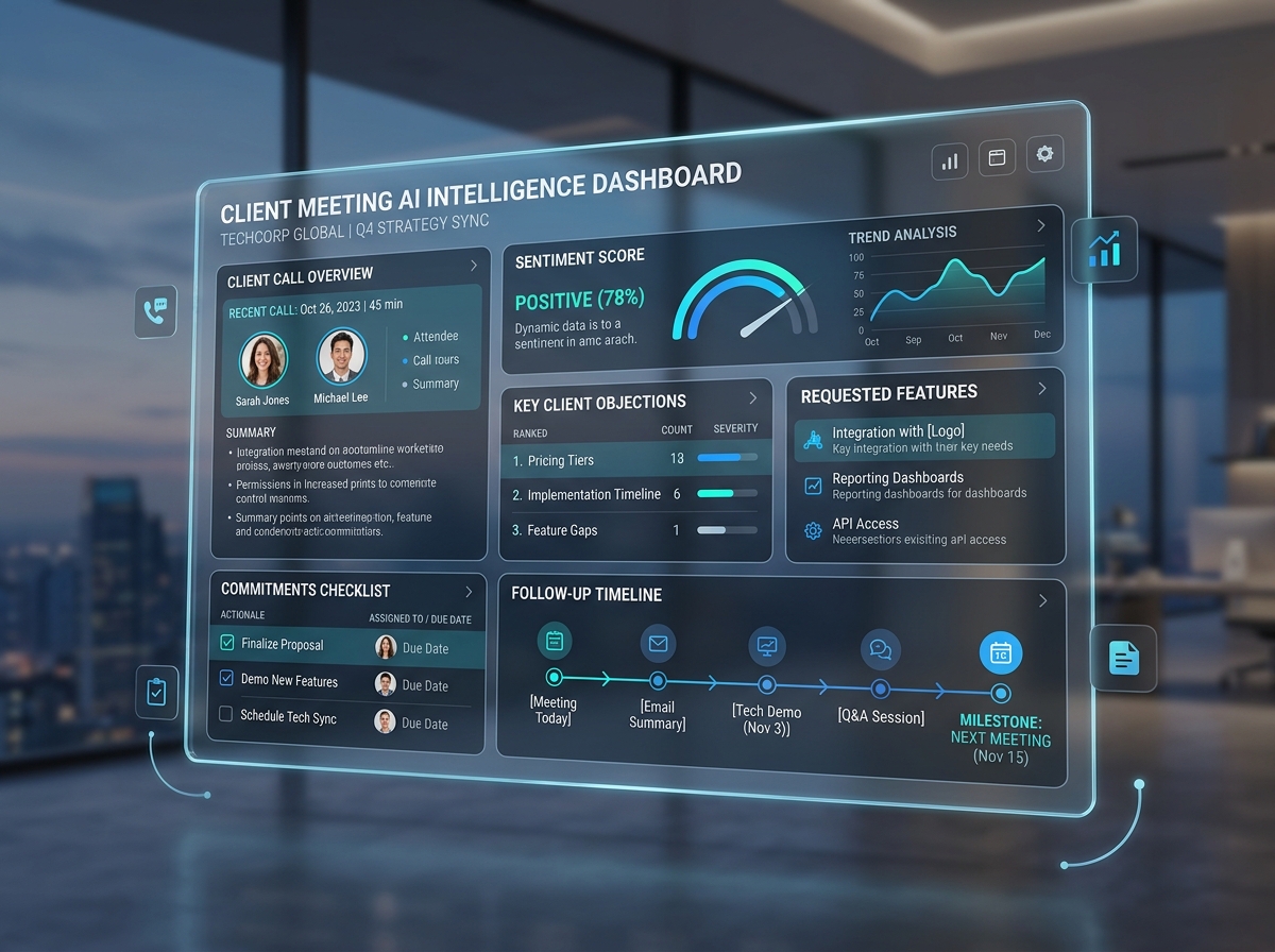 Client meeting intelligence dashboard with sentiment, commitments, and follow-up timeline